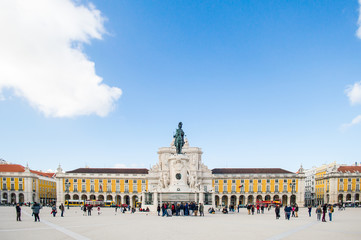 Fototapeta premium The Praca do Comercio (Commerce Square) with Statue of King Jose I by Machado de Castro and the arch in Lisbon, Portugal