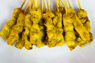 Pork Satay.Pork mixed with spices and grill until done. Asian food.
