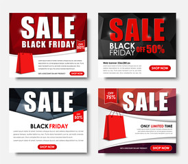 Set square web banners for Black Friday. Template for sale with abstract polygonal elements, ribbons, buttons, bags and discounts. Vector illustration.