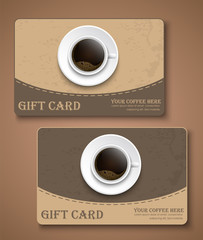 Set coffee gift cards. Patterns in retro style, the texture of old cardboard and a cup of black coffee in the foam. Vector illustration
