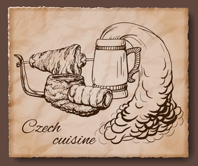 Czech cuisine vintage illustration with traditional dishes. Pork on skewer, beer, soup, doughboy and trdlo. Vector retro illustration