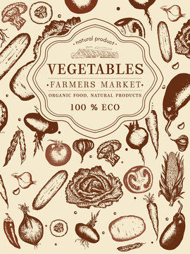 Vegetables vintage poster hand drawn eco food, farmer market