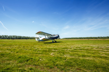 The plane stands on the grass field
