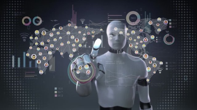 Robot cyborg touching connected people, using communication technology. with economic diagram,chart,graph. Artificial Intelligence.