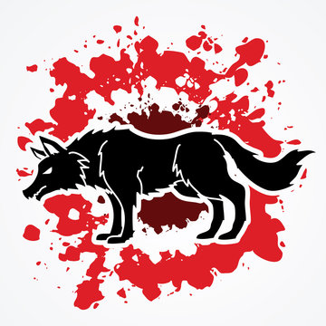 Wolf standing designed on splash blood background graphic vector
