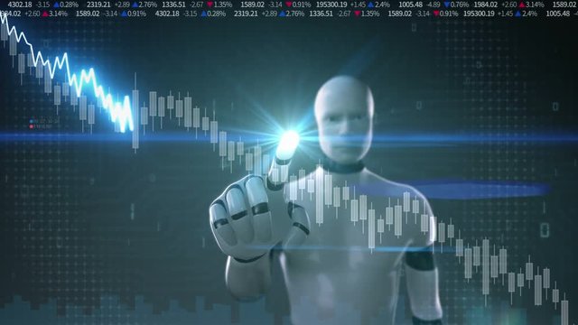 Robot cyborgRobot cyborg touched screen, various animated Stock Market charts and graphs. Decrease line. Artificial Intelligence.