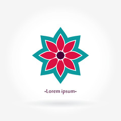 Mandala logo. Business, invitations. Bright Kaleidoscope. Flower blue, pink logo