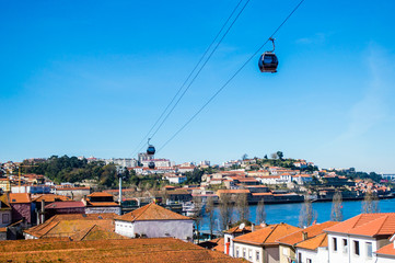 Porto cityscape skyline and cable railway in Porto, Portugal