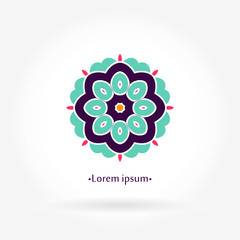 Logo for flower shop, interior. Bright juicy blue flower logo. Geometric big bud