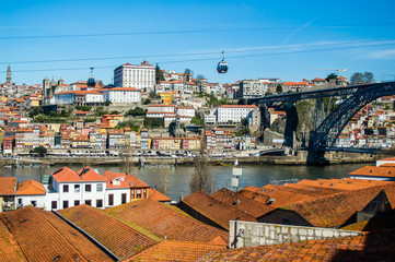 Old Porto cityscape skyline with Dom Luis I Bridge and Douro River in Porto, Portugal