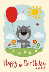 Happy birthday! Funny wolf with balloon on flower meadow. Card in cartoon style.