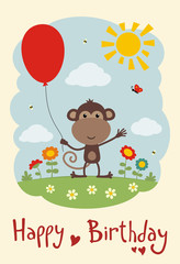 Happy birthday! Funny monkey with balloon on flower meadow. Card in cartoon style.