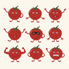 Vector set isolated funny tomato. Collection cute tomato in cartoon style.