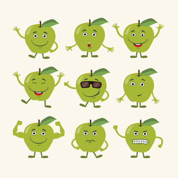 Vector set isolated funny apple. Collection cute apple in cartoon style.