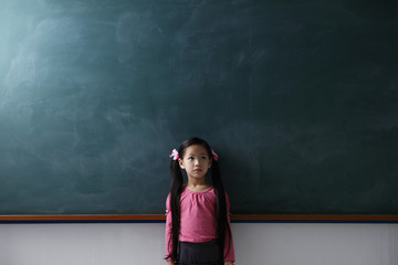 Young girl with pony tails standing in front of a chalk board