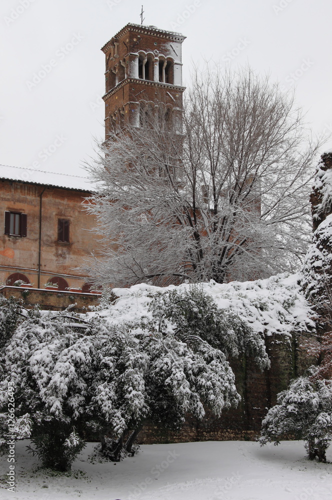 Sticker Saint Cosma and Damiano Basilica under snow. Rome, Italy