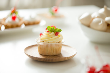 Cupcake served on the plate, crowned with a glorious buttercream, pomegranate and mint leaf