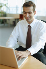 Male executive using laptop, smiling