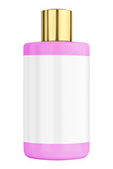 Purple shower gel plastic bottle with blank label and golden lid