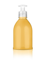 Hand lotion yellow plastic bottle, with nice reflection on the s