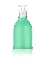 Hand lotion green plastic bottle, with nice reflection on the su