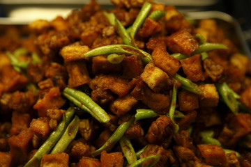 Tempeh and tofu with string beans. Malay food