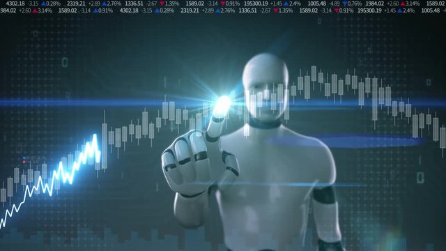 Robot cyborgRobot cyborg touched screen, various animated Stock Market charts and graphs. Increase line. Artificial Intelligence.