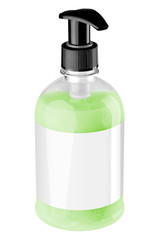 Transparent plastic bottle with green liquid hand soap, blank la