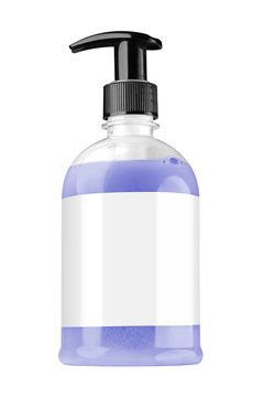 Transparent Plastic Bottle With Blue Liquid Hand Soap, Blank Label