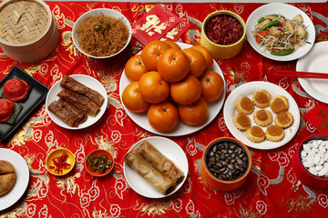 Table set with Chinese New Year food.