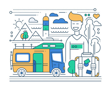 Caravan Tourism - line flat design illustration