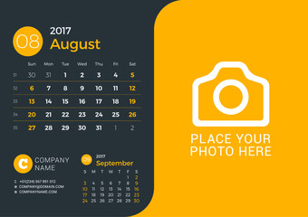 Calendar Template for 2017 Year. Vector Print Template with Place for Photo and Company Information on Dark Background. August 2017. Week Starts Sunday. 3 Months on Page