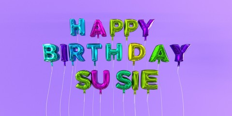 Happy Birthday Susie card with balloon text - 3D rendered stock image. This image can be used for a eCard or a print postcard.