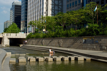 Cheonggyecheon stream in Seoul, South Korea in summer