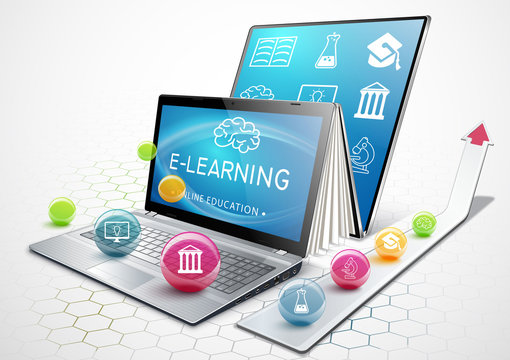 The concept of e-learning. Education online. Laptop as an ebook. Getting an education.  Illustration.