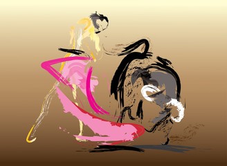 The Bullfighter in a bullring with a angry bull