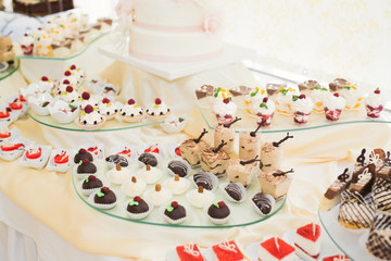 Delicious and tasty dessert table with cupcakes shots at reception closeup