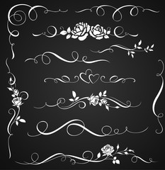 Decorative ornaments with roses. Set of floral calligraphic elements for wedding invitations and page decor