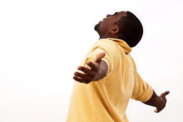 African American man with open arms. Man with open arms. Carefree. Worship.