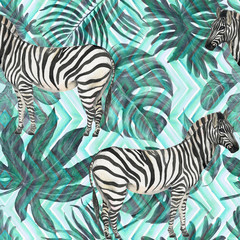 Watercolor seamless pattern with tropical Split Leaves Philodendron plant and zebra on stripes background