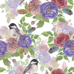 Watercolor Seamless pattern with Beautiful rose and hydrangea flowers and little bird Watercolor painting