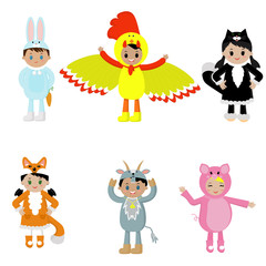 Naklejka premium Set of cute kids wearing animal costumes. A costume, cock, hare , cat, Fox, goat, pig. Vector illustration