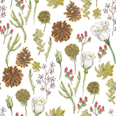 WAtercolor painting seamless pattern  with succulent and liziantus flowers. Winter floral background