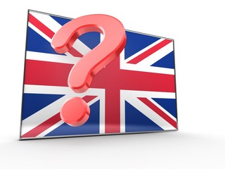 3d illustration of question mark over UK flag background with blank