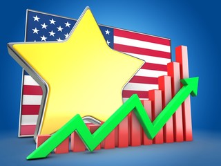3d illustration of star over USA flag background with red bars and green arrow rising