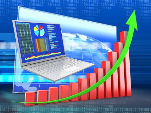 3d illustration of business computer over blue globe background with red bars and green arrow