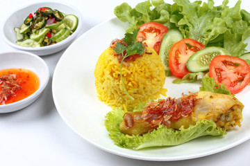 Close up Muslim yellow rice with chicken, Selective focus