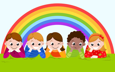 Obraz na płótnie Canvas happy boys and girls lying on a green grass with rainbow. Vector illustration