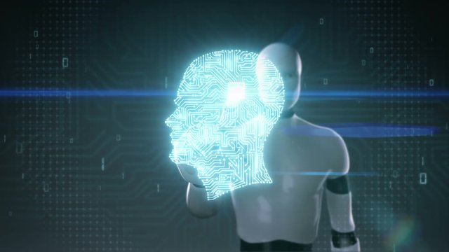 Robot cyborg touching Brain shape of head connect digital lines, grow artificial intelligence