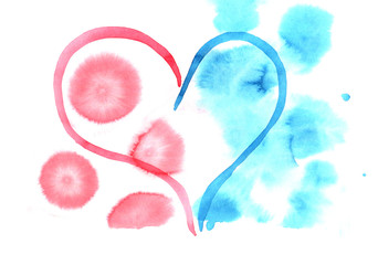 hand drawn watercolor red blue heart lovely grunge background, abstract romantic textured backdrop